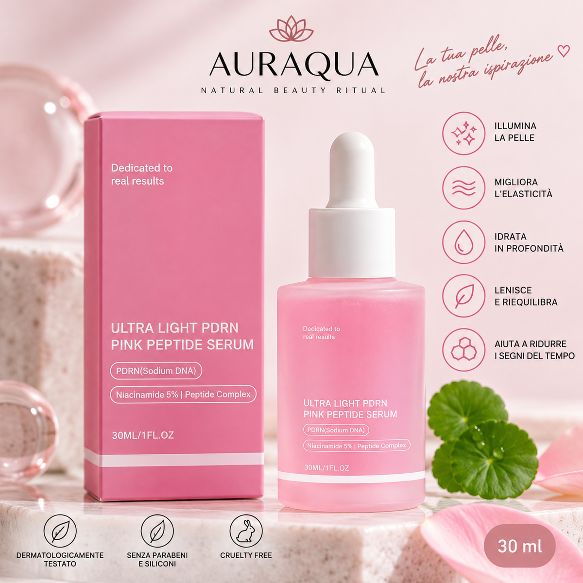 Auraqua Pink Peptide Serum – Siero Viso Illuminante PDRN & Peptidi 30 ml